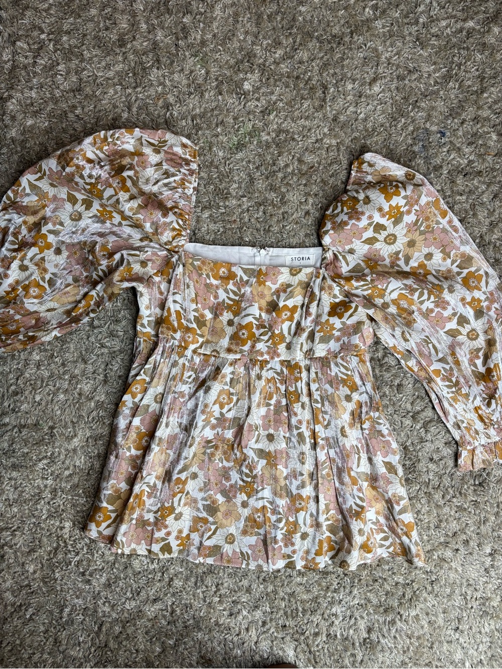 Storia Floral Puff-Sleeve Square-Neck Top in Cream, Pink & Mustard